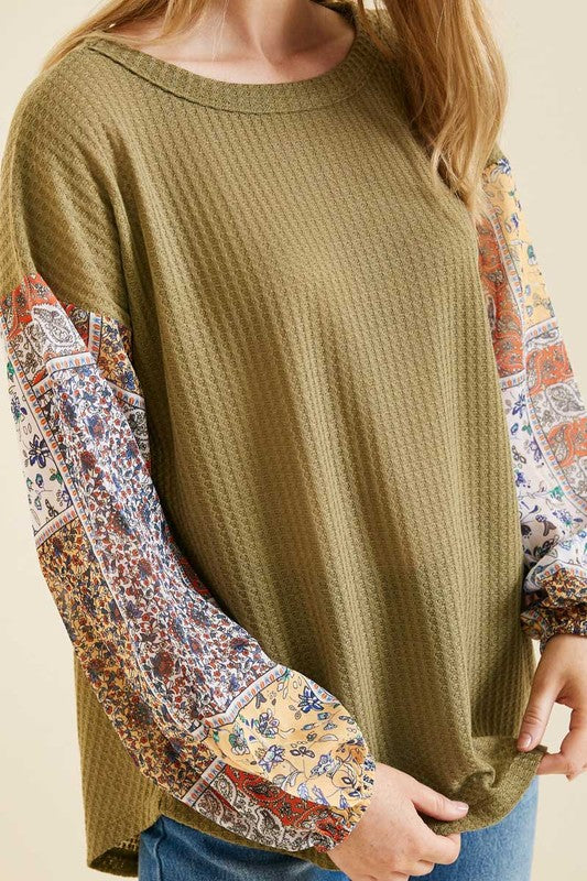 Patchwork Sleeve Waffle Knit Top