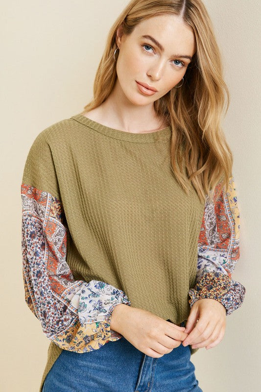 Patchwork Sleeve Waffle Knit Top