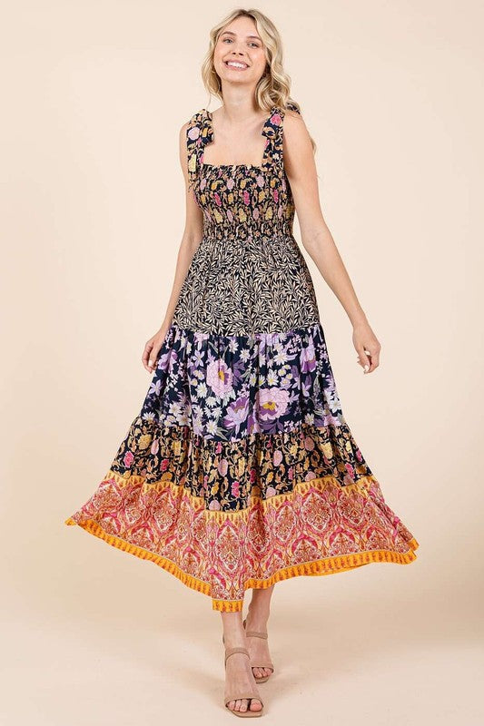 MIXED BORDER PATCHWORK BLOCK PRINT MAXI DRESS