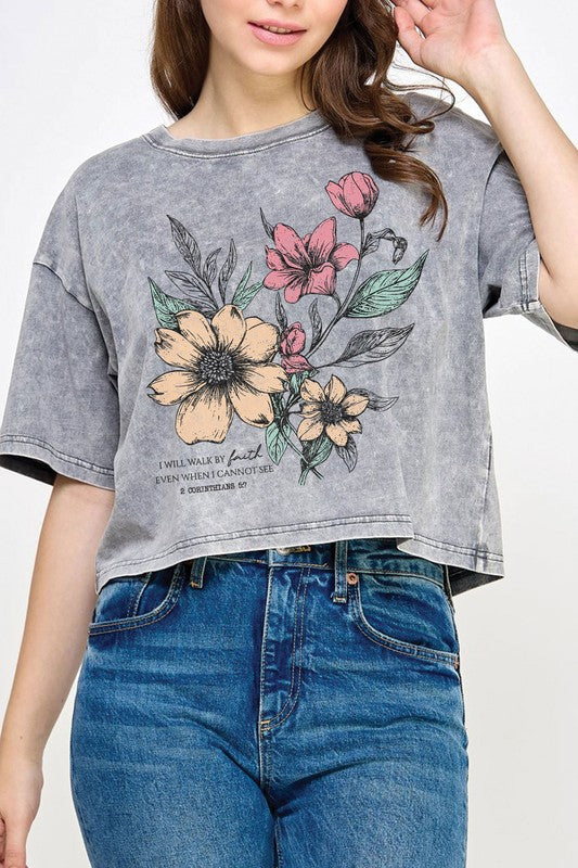 FAITH FLORAL MINERAL GRAPHIC LONG CROP TOP