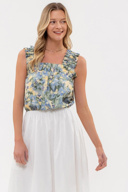 WATERCOLOR FLORAL PRINT RUCHED SLEEVELESS TOP