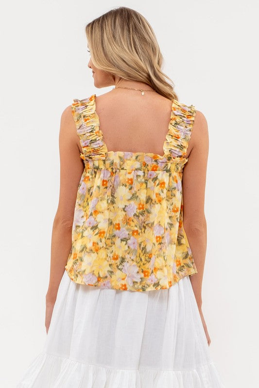 WATERCOLOR FLORAL PRINT RUCHED SLEEVELESS TOP