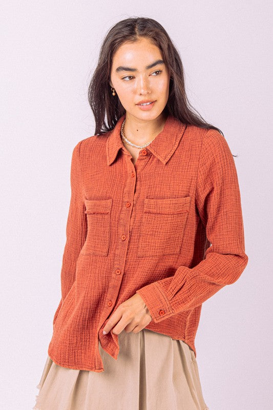 WHERE YOU AT GAUZE BUTTON DOWN SHIRT