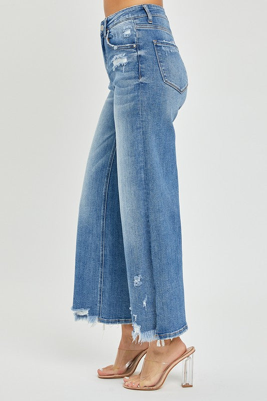 HIGH RISE SIDE SLIT ANKLE FLARE JEANS