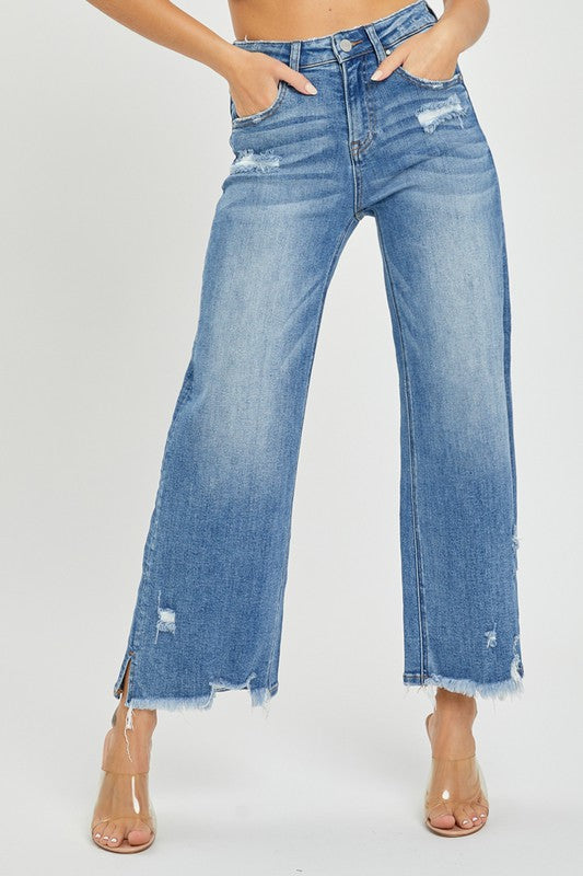 HIGH RISE SIDE SLIT ANKLE FLARE JEANS