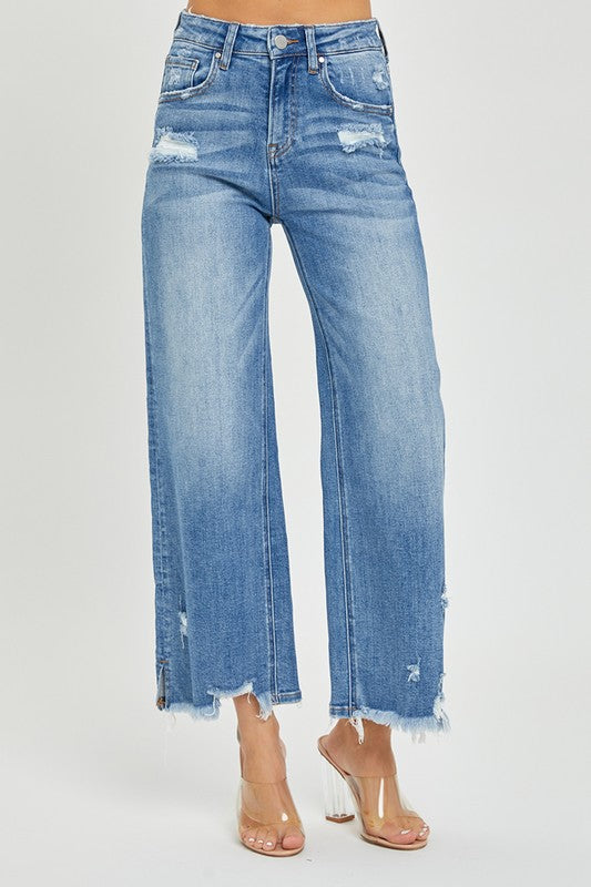 HIGH RISE SIDE SLIT ANKLE FLARE JEANS