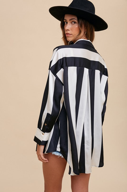 WIDE STRIPED SATIN EFFECT RELAXED FIT WOVEN BLOUSE