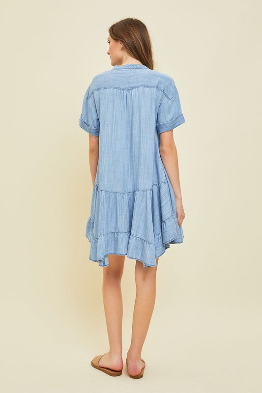 SUNNIER WITH YOU CHAMBRAY FLARE MINI DRESS