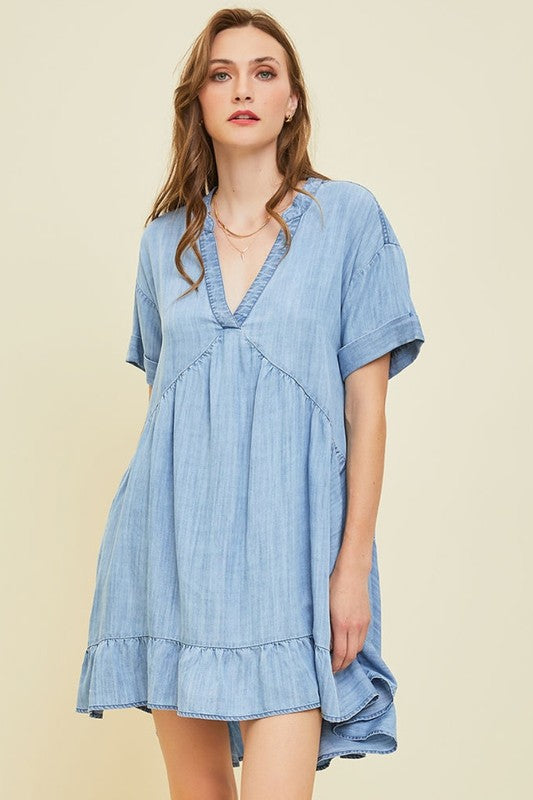 SUNNIER WITH YOU CHAMBRAY FLARE MINI DRESS