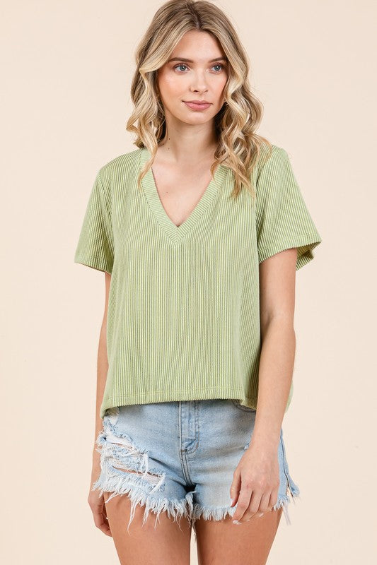 URBAN RIB KNIT V NECK CROP SHORT SLEEVE TOP