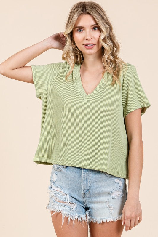 URBAN RIB KNIT V NECK CROP SHORT SLEEVE TOP