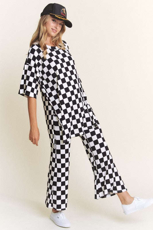 RIBBED CHECKERED PRINT TOP/STRAIGHT LEG PANTS SET