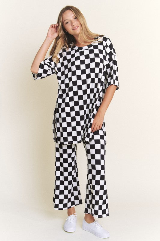 RIBBED CHECKERED PRINT TOP/STRAIGHT LEG PANTS SET