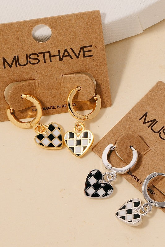 Checkered Heart Charm Hoop Earrings