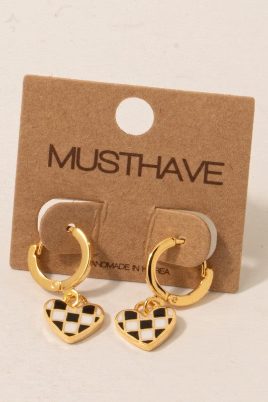 Checkered Heart Charm Hoop Earrings