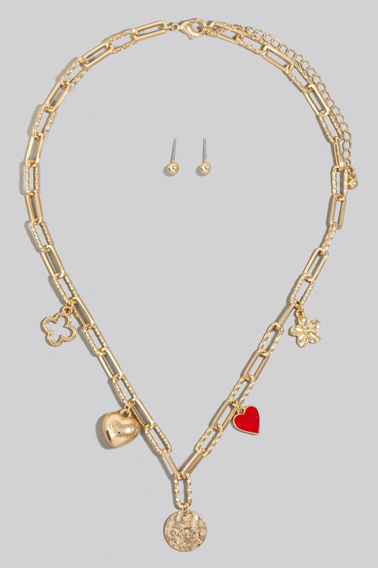 Flower Heart And Clover Charms Chain Necklace Set