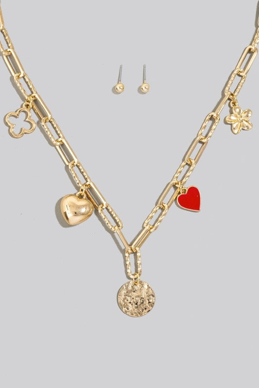 Flower Heart And Clover Charms Chain Necklace Set