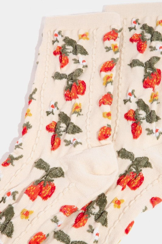 Strawberries And Flowers Embroidered Beige Socks