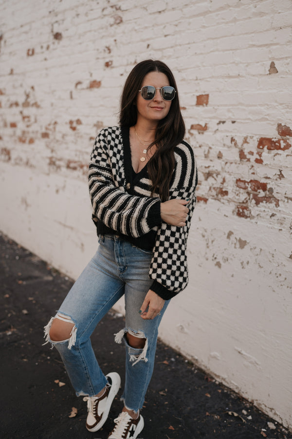 SUPPOSE TO BE STRIPE + CHECKERED KNIT CARDIGAN