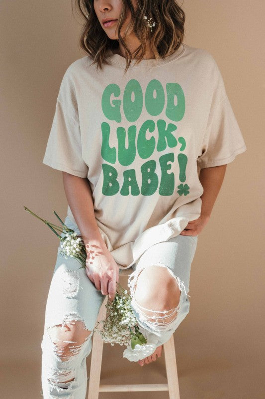 Good Luck Babe Oversized Graphic Tee Sand