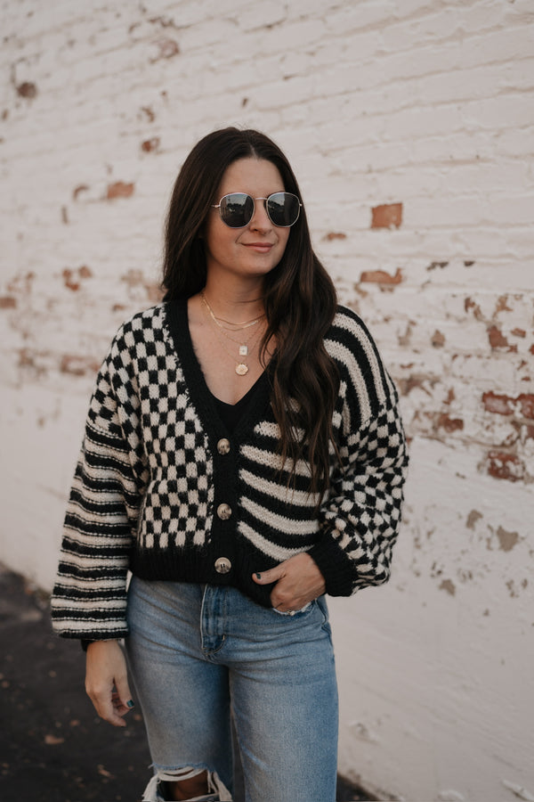 SUPPOSE TO BE STRIPE + CHECKERED KNIT CARDIGAN