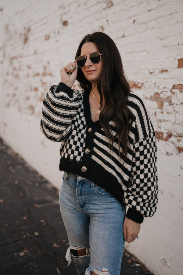 SUPPOSE TO BE STRIPE + CHECKERED KNIT CARDIGAN