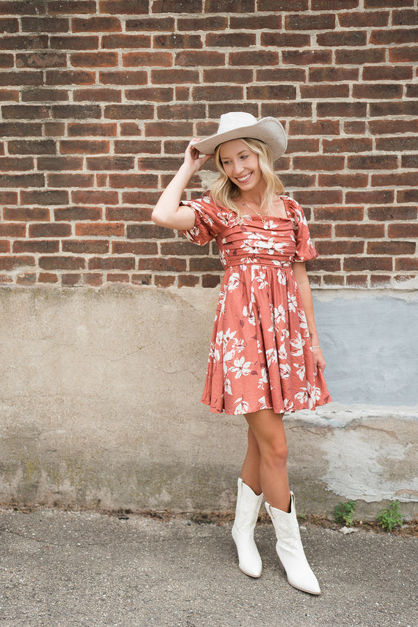 FLORAL PLEATED WRAP PUFF SLEEVE MINI DRESS