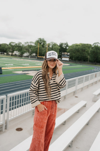 STRIPE SPLIT NECK LONG SLEEVE KNIT SWEATER