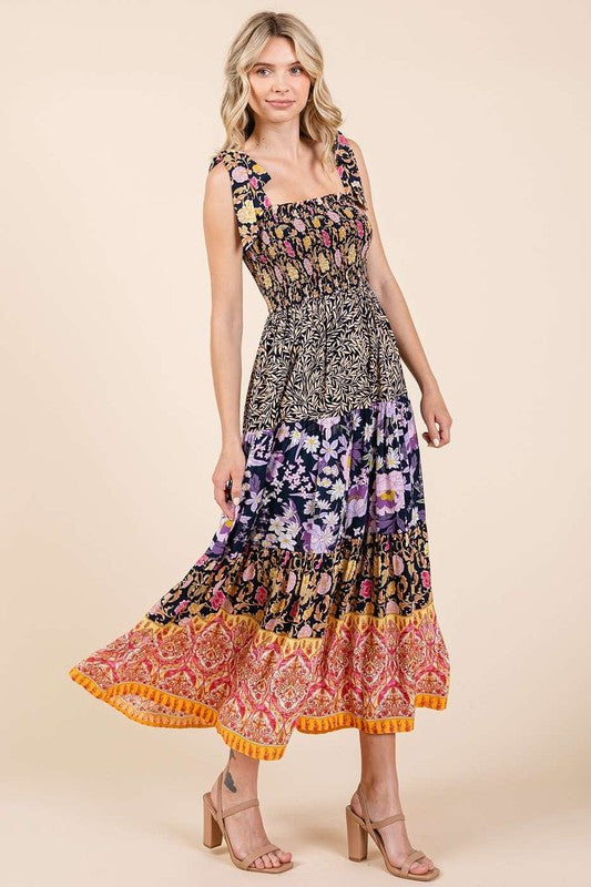 MIXED BORDER PATCHWORK BLOCK PRINT MAXI DRESS