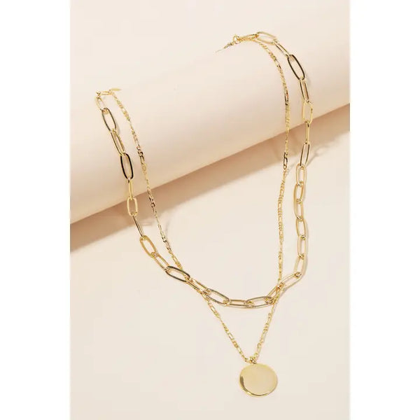 Layered Chain Circle Disc Pendant Necklace