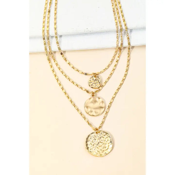 LAYERED CHAIN HAMMERED COIN PENDANT NECKLACE