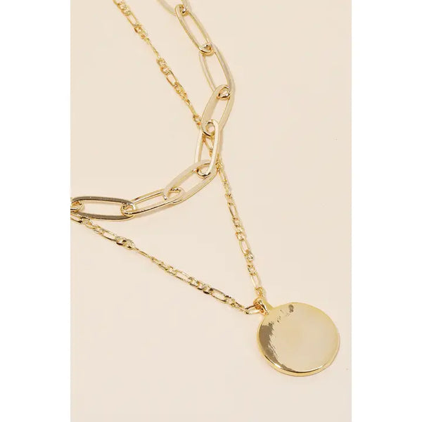 Layered Chain Circle Disc Pendant Necklace