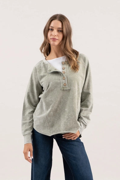 Washed Henley Raglan Long Sleeve Knit Top