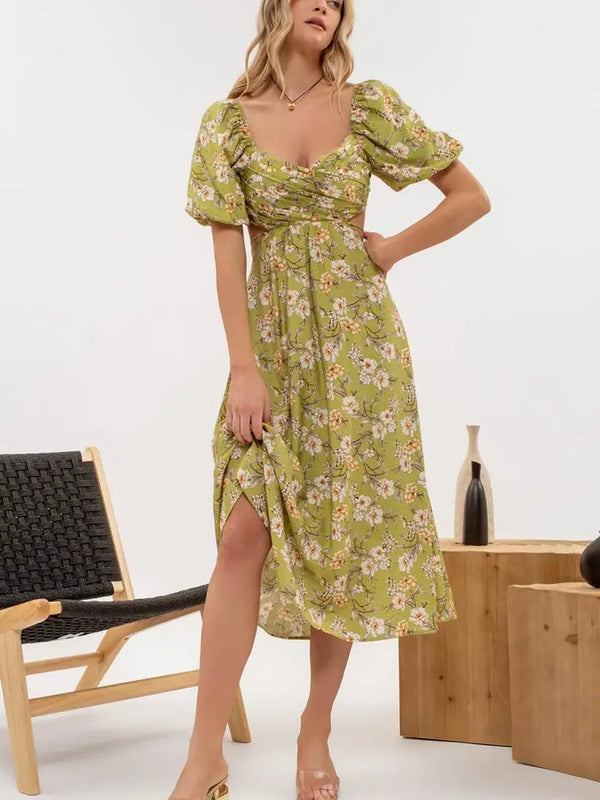 FRESH BLOOMS FLORAL MIDI DRESS