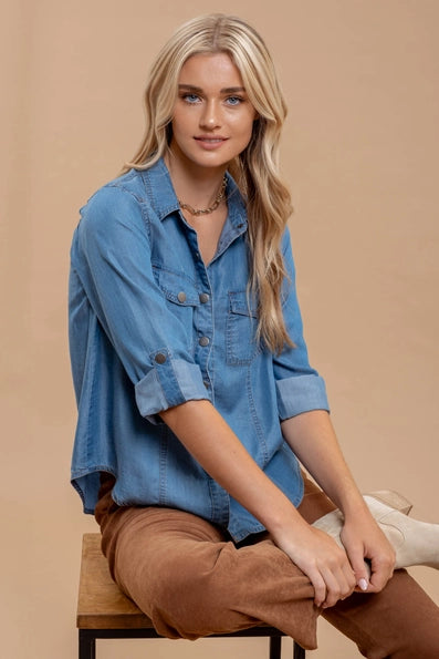 ALWAYS LOVELY BLUE CHAMBRAY TOP