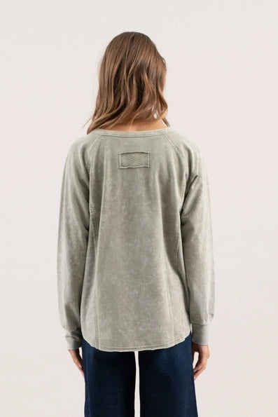 Washed Henley Raglan Long Sleeve Knit Top