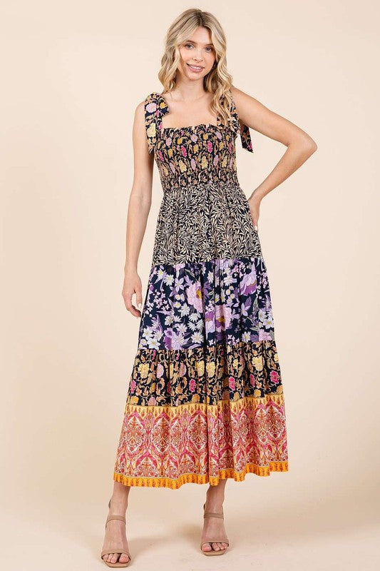 MIXED BORDER PATCHWORK BLOCK PRINT MAXI DRESS