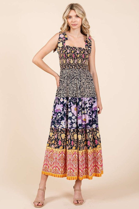 MIXED BORDER PATCHWORK BLOCK PRINT MAXI DRESS