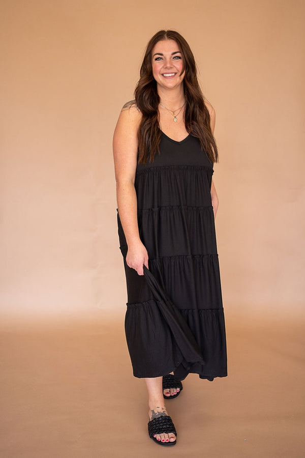 V-NECK CAMI MAXI TIERED DRESS WITH SIDE POCKETS