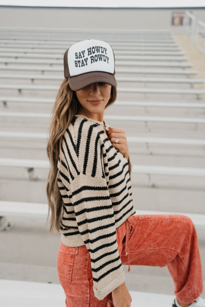 STRIPE SPLIT NECK LONG SLEEVE KNIT SWEATER