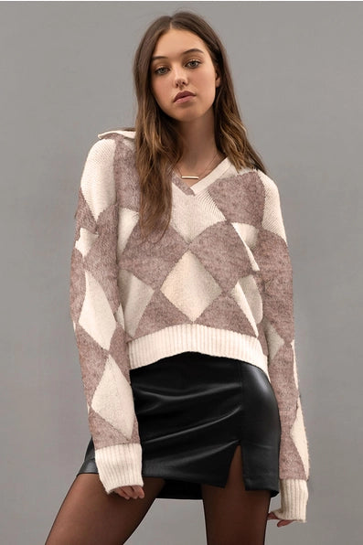 Diamond Print Pullover Knit Sweater