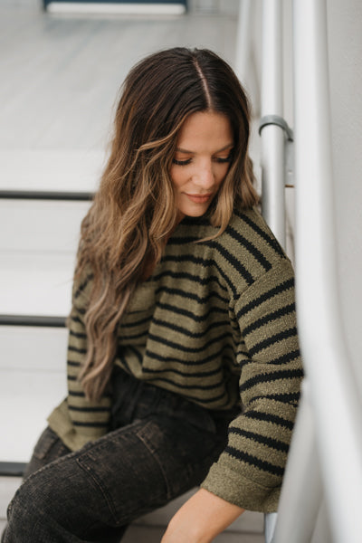 STRIPE SPLIT NECK LONG SLEEVE KNIT SWEATER