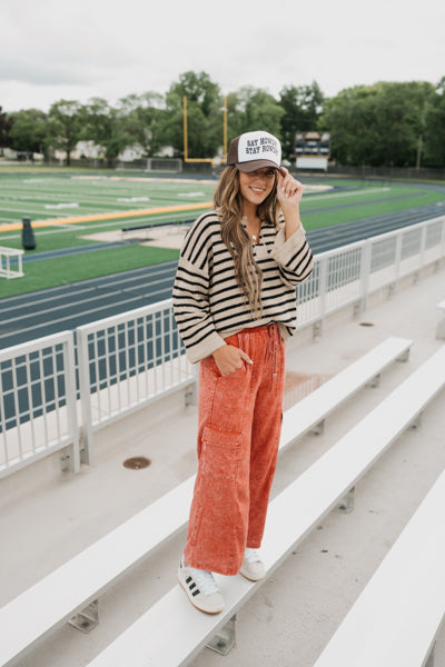 STRIPE SPLIT NECK LONG SLEEVE KNIT SWEATER