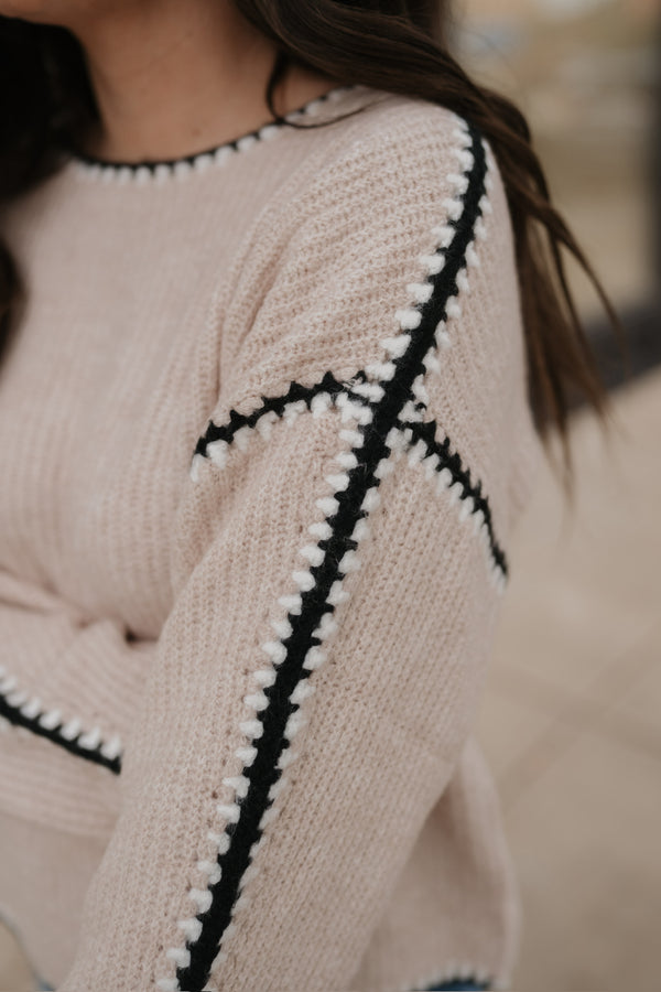 CONTRAST STITCH LONG SLEEVE KNIT SWEATER