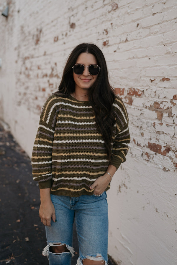 RETRO RADIANCE STRIPE CROCHET KNIT SWEATER