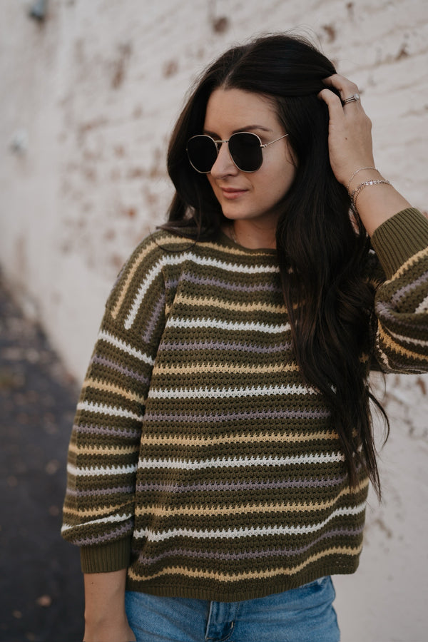 RETRO RADIANCE STRIPE CROCHET KNIT SWEATER