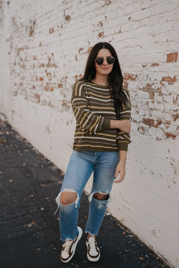 RETRO RADIANCE STRIPE CROCHET KNIT SWEATER