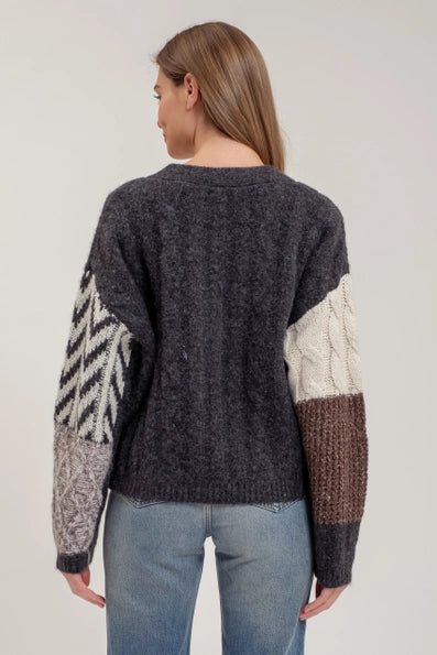 V Neck Patchwork Cable Knit Cardigan