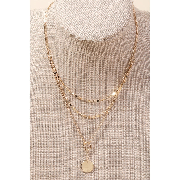 DISC PENDANT LAYERED CHAINS NECKLACE