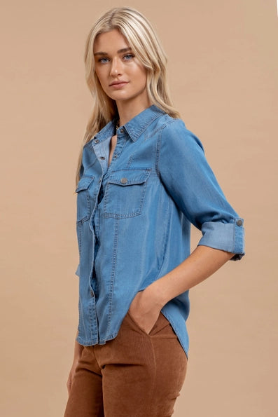 ALWAYS LOVELY BLUE CHAMBRAY TOP